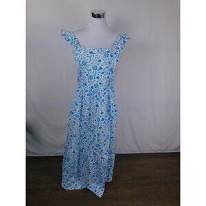 SALE Draper James Dress Womens Medium Blue White Floral Ruffle Maxi Sleeveless S